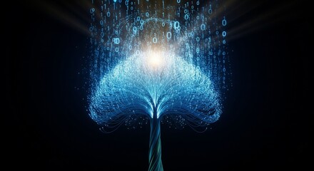 An abstract glowing blue tree of light with binary code data streams.