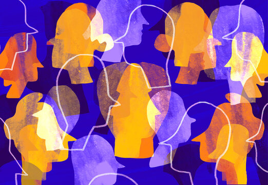 Colorful layered silhouettes of people profiles representing diversity