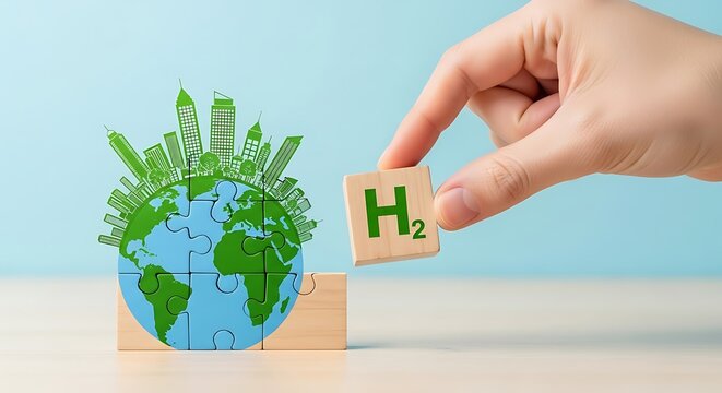 Hand placing h2 puzzle piece next to globe with green city skyline, symbolizing hydrogen energy for a sustainable future - Powered by Adobe