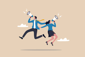 Business people jumping, holding megaphones, making announcement