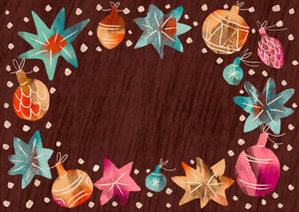 Watercolor Christmas ornaments and stars border on festive card background