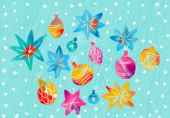 Colorful Christmas ornaments and stars on festive holiday background