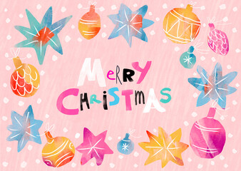 Colorful Christmas card illustration with ornaments and stars