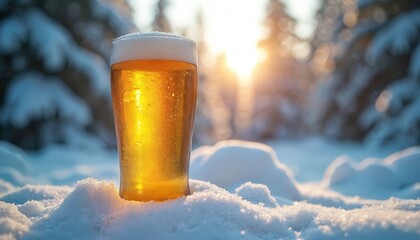 Glass of golden beer sits in snow, surrounded by wintry forest. Sunlight creates warm glow, highlighting refreshment. Perfect for seasonal ads, cold weather promotions, or a cozy drinking scene.