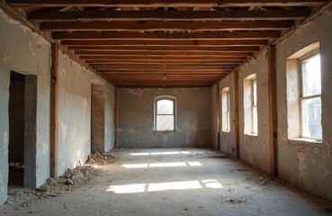 Fototapeta premium Interior of old building gutted for renovation. Exposed wood beams, rough walls, debris on floor. Windows let in natural light. Construction progress visible.