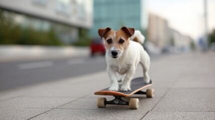 Skateboarding dog confidently rides down urban sidewalk, showcas