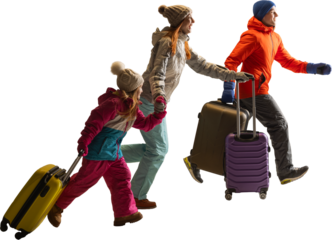 Family in winter clothes running with suitcases on transparent background. Concept of mobility campaigns, tourism visuals, dynamic holiday storytelling with excitement.