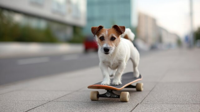 Skateboarding dog confidently rides down urban sidewalk, showcas