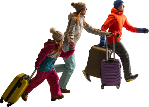 Family in winter clothes running with suitcases on transparent background. Concept of mobility campaigns, tourism visuals, dynamic holiday storytelling with excitement.