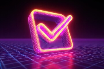 Neon checkmark icon digital space graphic design futuristic environment close-up view auditory validation concept