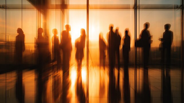 Dynamic silhouettes of business people meeting at sunset in modern office with vibrant light creating a feeling of success and ambition - Powered by Adobe