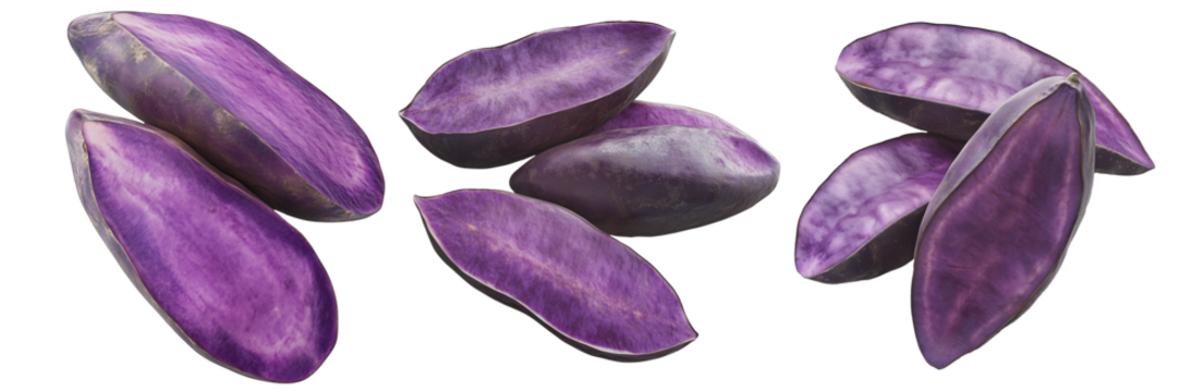 Sliced purple sweet potato, isolated on white transparent background. Concept of healthy food.