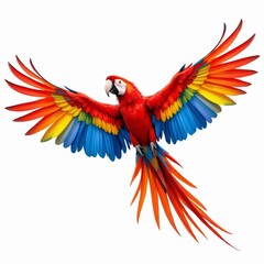 Fototapeta premium A scarlet macaw parrot flying with its wings spread wide isolated on white background