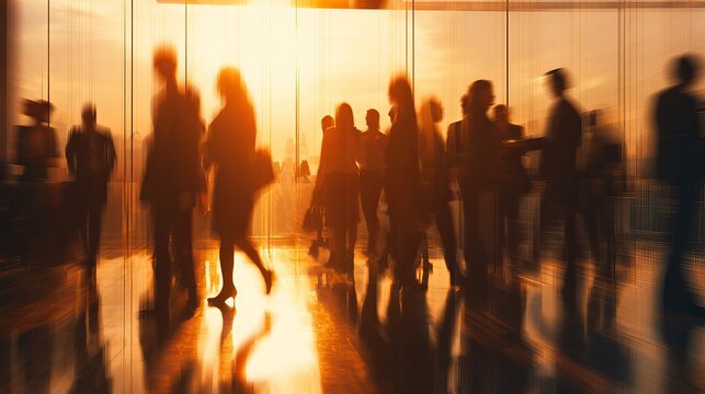 Dynamic business people walking in modern office at sunset, vibrant teamwork and collaboration create a bright future, professional workspace energy - Powered by Adobe