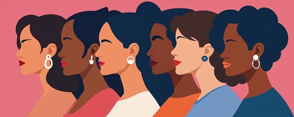 Diverse women stand together in profile, representing unity, strength. Different skin tones, hairstyles signify multiculturalism, community. Females show solidarity, collective empowerment.