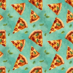 Textured image with slices of pizza with tomatoes and basil on a turquoise background, seamless pattern