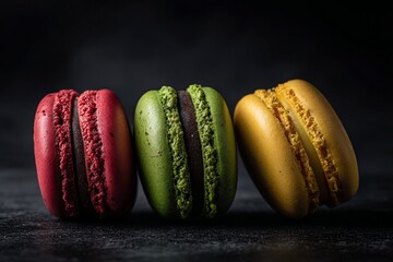 Traditional French cream-filled cookies, macarons in different flavors