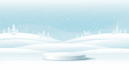 Winter Wonderland A Serene Scene with Snowy Hills, Trees, and a Product Display Podium