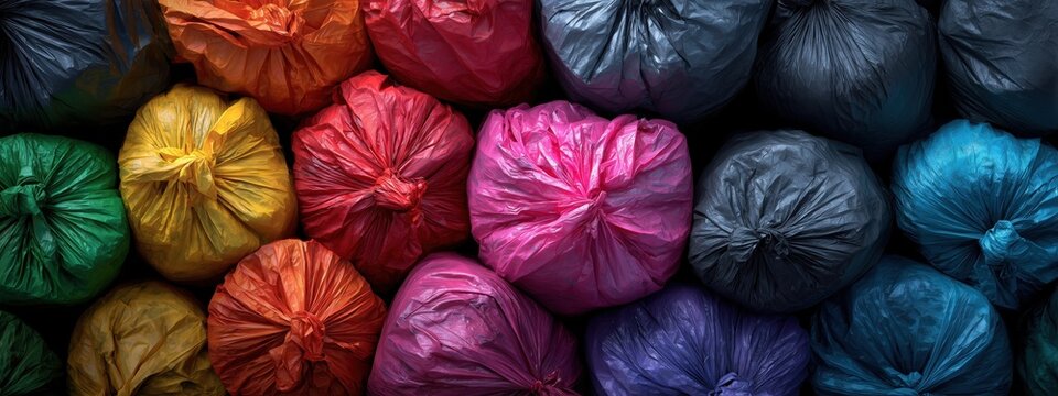 Colorful Waste Bags in Various Shades Arranged Neatly for Recycling and Environmental Focus