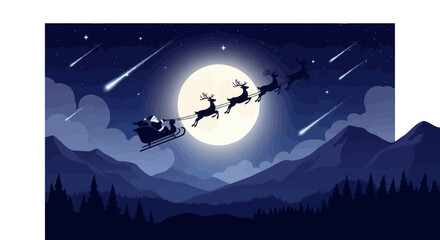 Santa Claus and Reindeer Flying Across a Moonlit Night Sky, Christmas Celebration