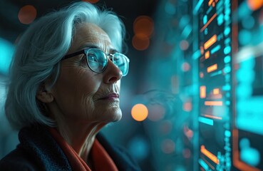 An elderly woman wearing glasses looks at abstract digital designs. She contemplates the future in a futuristic tech environment. This photo conveys concepts of tech innovation wisdom and planning.