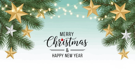 Festive Christmas and New Year Greetings with Gold Stars and Greenery