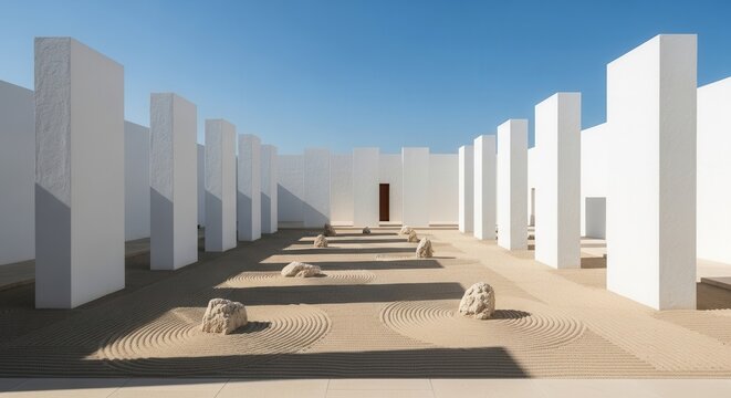 Architectural Harmony: Modern Zen Garden with Geometric Structures and Serene Atmosphere