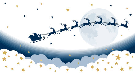 Santa Claus flying in his sleigh pulled by reindeer across the moonlit night sky with stars and clouds. © emiloo