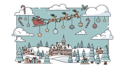 Santa's Sleigh Over Snowy Town Holiday Scene Illustration