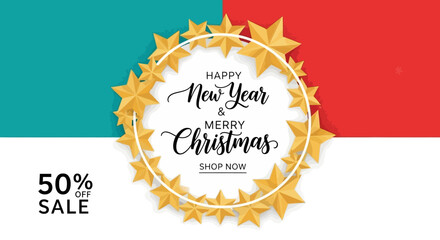 Festive New Year and Merry Christmas sale banner with golden stars and a circular frame.