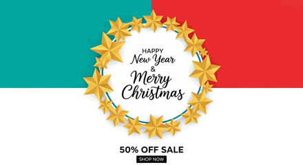 Happy New Year and Merry Christmas sale banner with a wreath of golden stars on a split red and teal background.