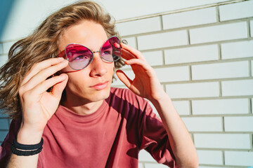 Person wearing funny sunglasses expresses confidence and individuality