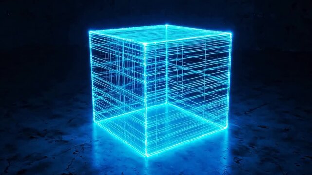 Blue neon cube on textured surface