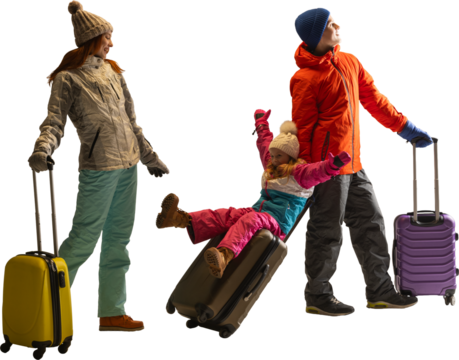 Child riding suitcase as parents walk during travel in winter clothing on transparent background. Concept of playful travel imagery, family trip assets, tourism visuals.