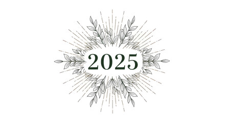 2025 year elegant botanical wreath with sunburst lines on white