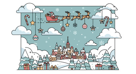 Santa Claus flying in his sleigh pulled by reindeer over a snowy village during Christmas. © emiloo