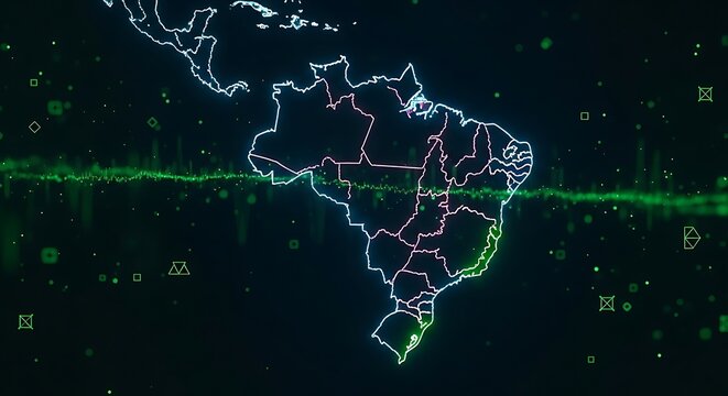 Digital Visualization of South America and Brazil with Glowing Outlines on a Data Stream Background Representing Modern Connectivity and Technological Advancements with Cybernetic Aesthetics