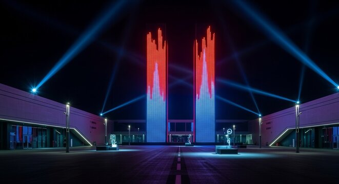 Architectural Marvel Illuminated By Dynamic Light Projections At Nighttime