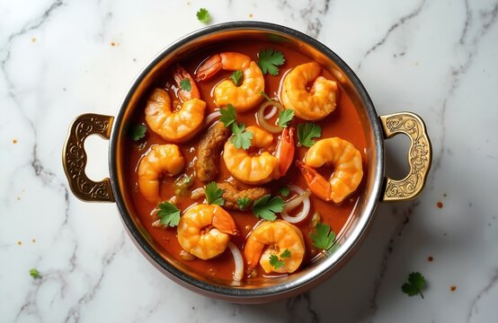 Bright red prawn masala curry served in decorative brass bowl with fresh cilantro garnish. Rich tomato based sauce with whole cooked shrimp, spices. Flavorful Indian dish great for lunch dinner meals.