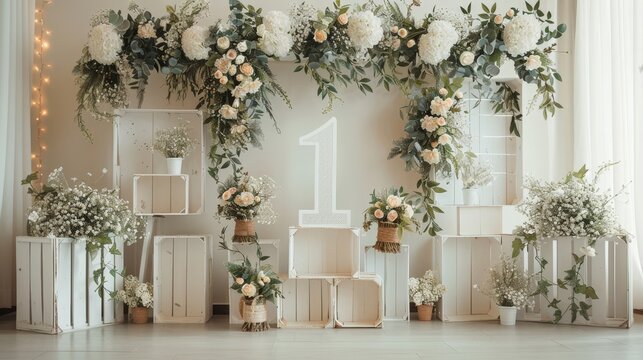 Elegant Floral Arrangement with Number One and Wooden Crates for 1th Birthday Party, Anniversary Celebrations.