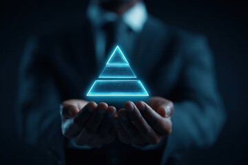 Technology visualization business concept in a dark environment with a 3d pyramid model