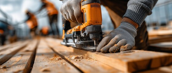 Using a pneumatic nail gun, a professional carpenter