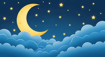 Obraz premium Dreamy Night Sky with Crescent Moon Stars and Clouds Illustration for Childrens Storybooks and Peaceful Backgrounds Serene Celestial Scene for Relaxation and Sleep
