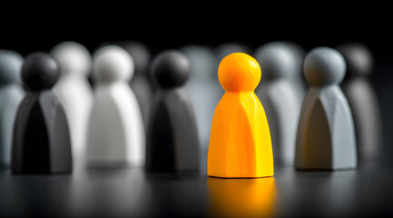 powerful visual concept of success in business and modern competition, featuring a single bright yellow gaming figure standing out as the leader from a uniform crowd of gray people arranged in rows