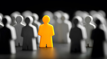 powerful visual concept of success in business and modern competition, featuring a single bright yellow gaming figure standing out as the leader from a uniform crowd of gray people arranged in rows