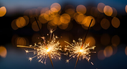 Bright sparklers illuminate the festive night with golden bokeh lights.