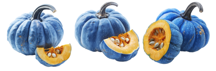 Connecticut pumpkin with green stem and cut slice isolated on white transparent background, great for autumn themes and decorations