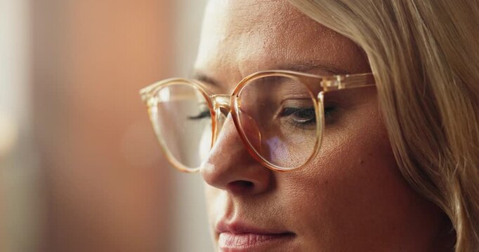 Optometry, glasses and woman in office with space, optical or eye exam for vision. Sight assessment, astigmatism and female person in clinic with eyewear, glaucoma test or wellness in ocular health.