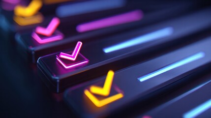 Dynamic interactive checkboxes digital workspace graphic design futuristic environment close-up view user experience enhancement