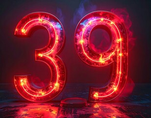 Illuminated digits in vibrant red neon, 3 and 9, are set against a dark, smokey backdrop, generating a dazzling effect